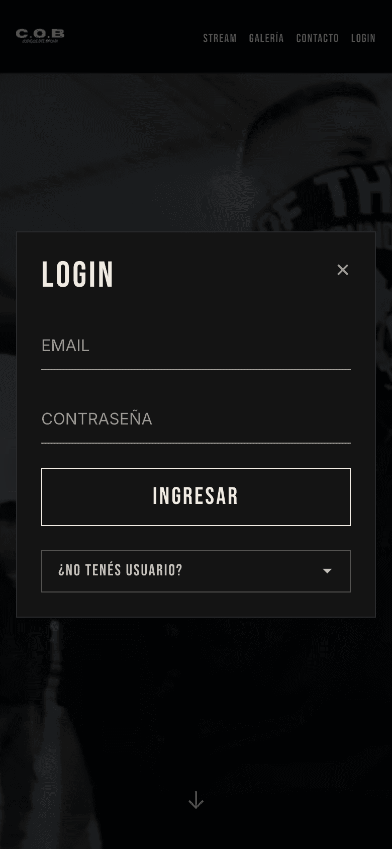 La ventana de LOGIN de C.O.B en un teléfono, con los campos de email y contraseña y el botón INGRESAR